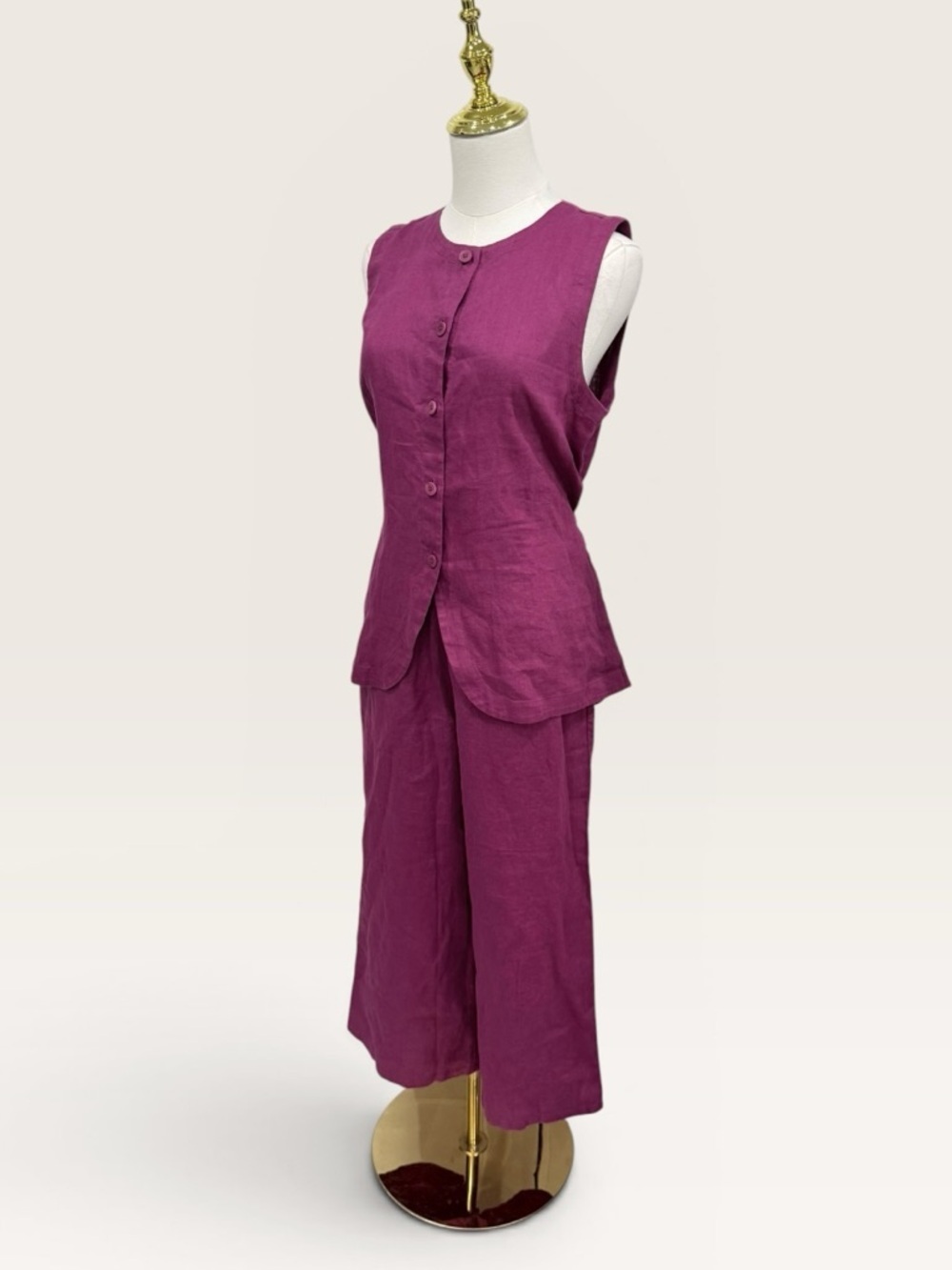 Eileen Fisher Organic Linen Crop Wide Pant & Round Neck Long Vest Set Sangria XS - Picture 16 of 16